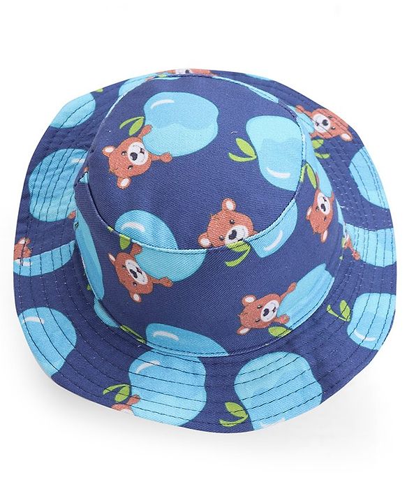 Babyhug Cotton Woven Two Layer Bucket Hat Bear Print - Navy Blue