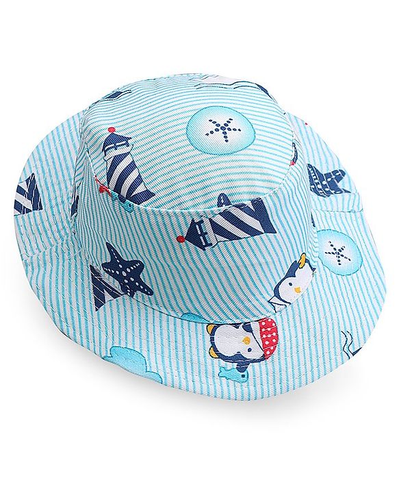 Babyhug Cotton Bucket Hat Penguin Print - Blue