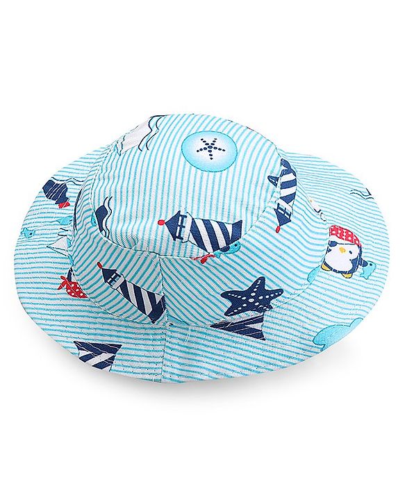 Babyhug Cotton Bucket Hat Penguin Print - Blue