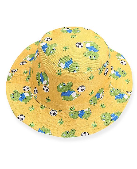 Babyhug Cotton Woven Two Layer Bucket Hat Dino Print - Yellow