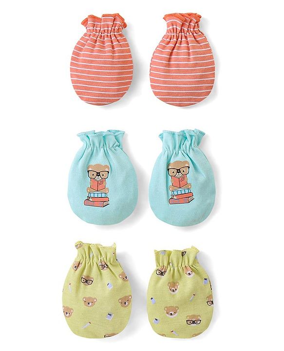 Babyhug 100% Cotton Mittens Teddy Print Pack Of 3 - Multicolour