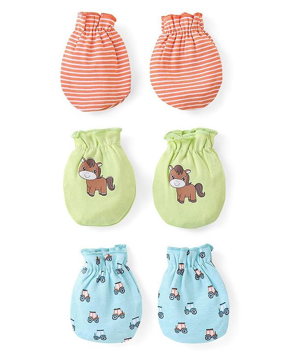Babyhug 100% Cotton Mittens Pony Print Pack Of 3 - Multicolour