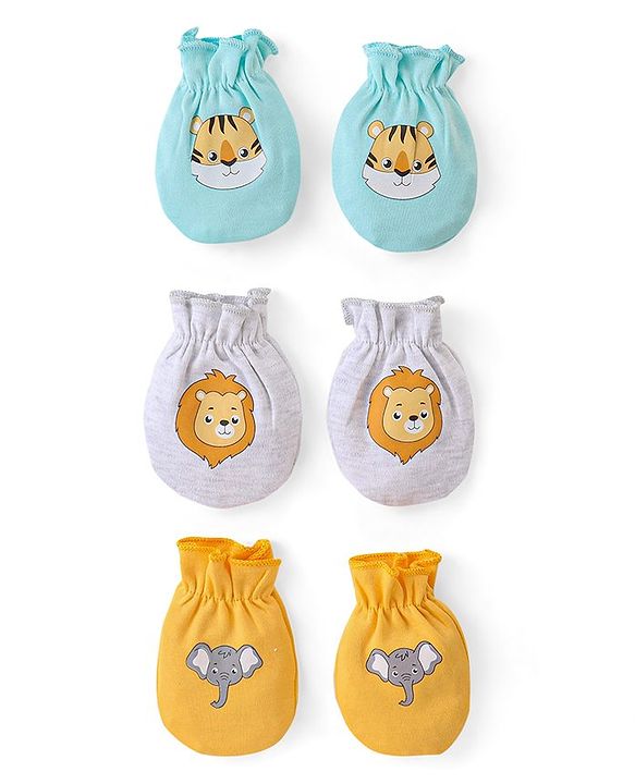 Babyhug 100% Cotton Mittens Lion Print Pack Of 3 - Multicolour