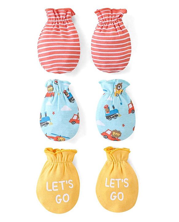 Babyhug 100% Cotton Mittens Set Striped Text & Vehicle Print Pack of 3 - Multicolour