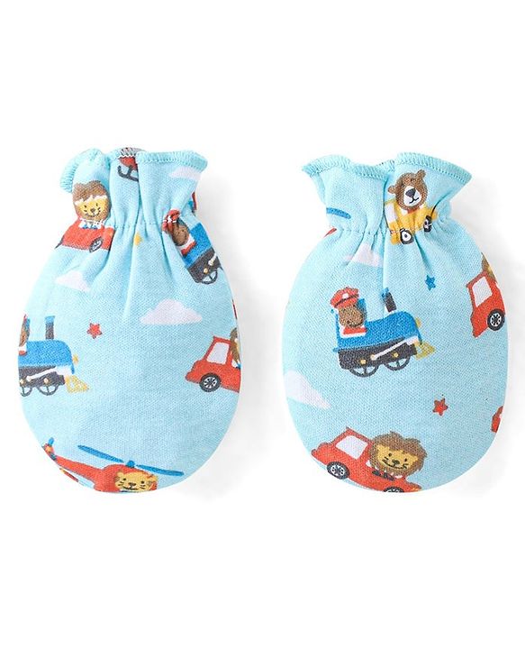 Babyhug 100% Cotton Mittens Set Striped Text & Vehicle Print Pack of 3 - Multicolour