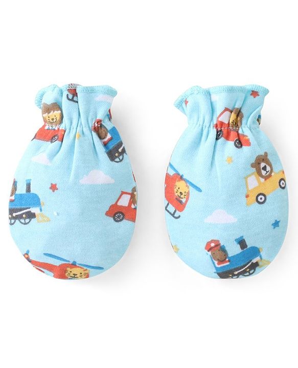 Babyhug 100% Cotton Mittens Set Striped Text & Vehicle Print Pack of 3 - Multicolour