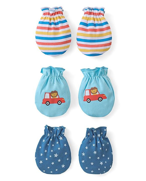 Babyhug 100% Cotton Mittens Lion Print Pack Of 3 - Multicolour