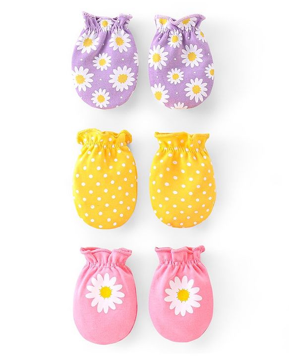 Babyhug 100% Cotton Mittens Floral Print Pack of 3 - Multicolour