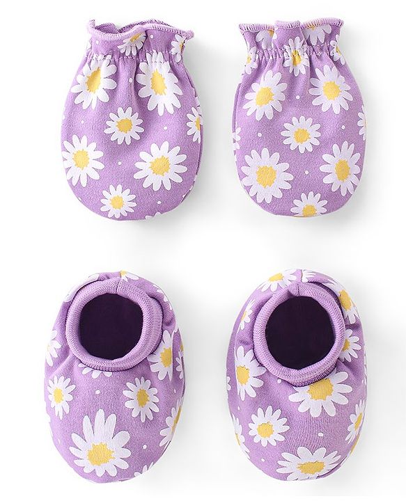 Babyhug 100% Cotton Knit Mittens & Booties Set Floral Print - Purple