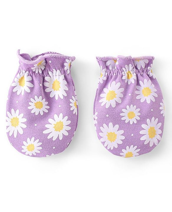 Babyhug 100% Cotton Knit Mittens & Booties Set Floral Print - Purple