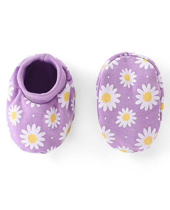 Babyhug 100% Cotton Knit Mittens & Booties Set Floral Print - Purple