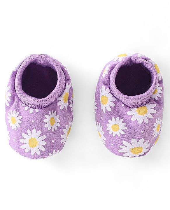 Babyhug 100% Cotton Knit Mittens & Booties Set Floral Print - Purple