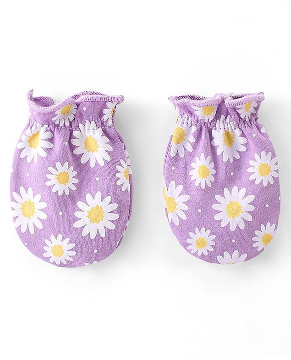 Babyhug 100% Cotton Knit Mittens & Booties Set Floral Print - Purple