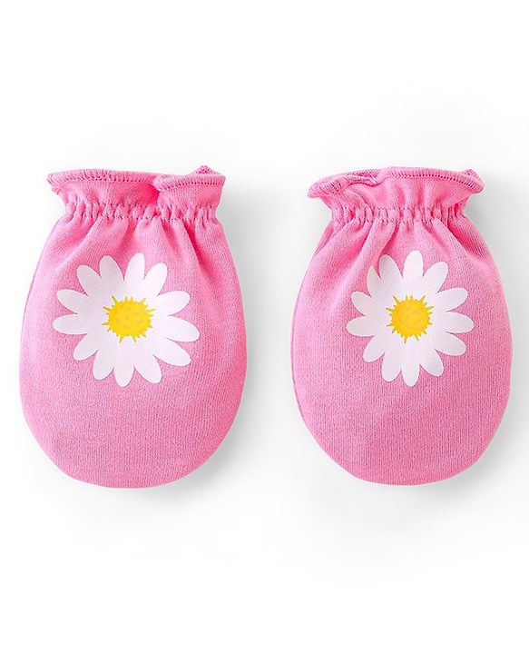 Babyhug 100% Cotton Knit Mittens & Booties Set Floral Print- Pink