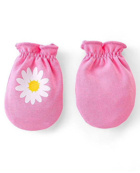 Babyhug 100% Cotton Knit Mittens & Booties Set Floral Print- Pink