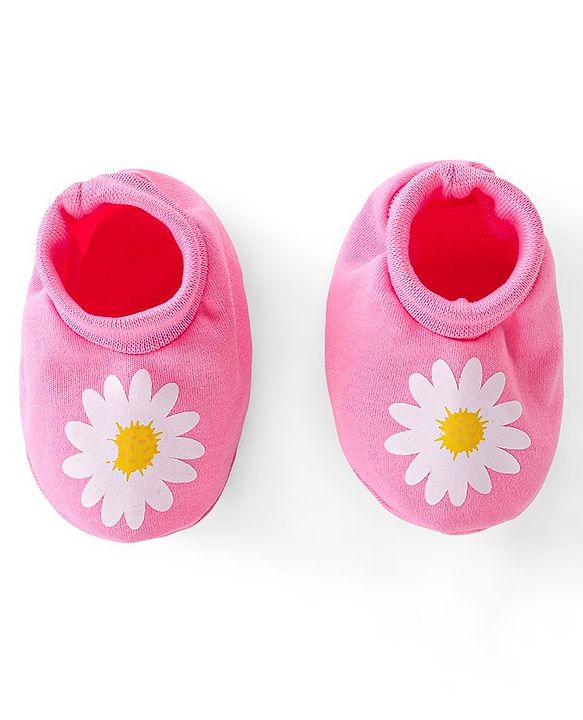 Babyhug 100% Cotton Knit Mittens & Booties Set Floral Print- Pink