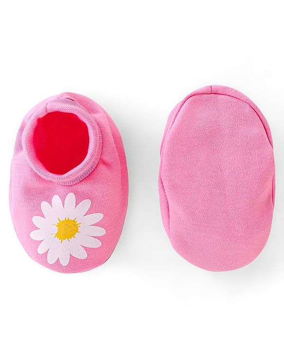 Babyhug 100% Cotton Knit Mittens & Booties Set Floral Print- Pink