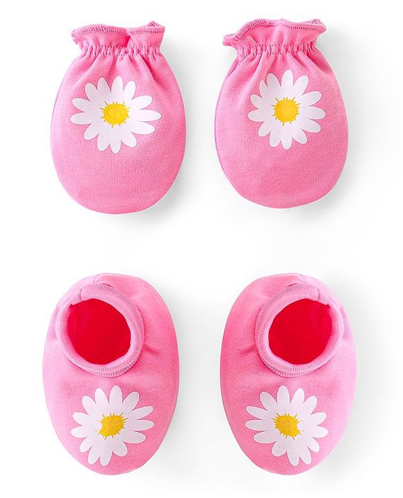 Babyhug 100% Cotton Knit Mittens & Booties Set Floral Print- Pink