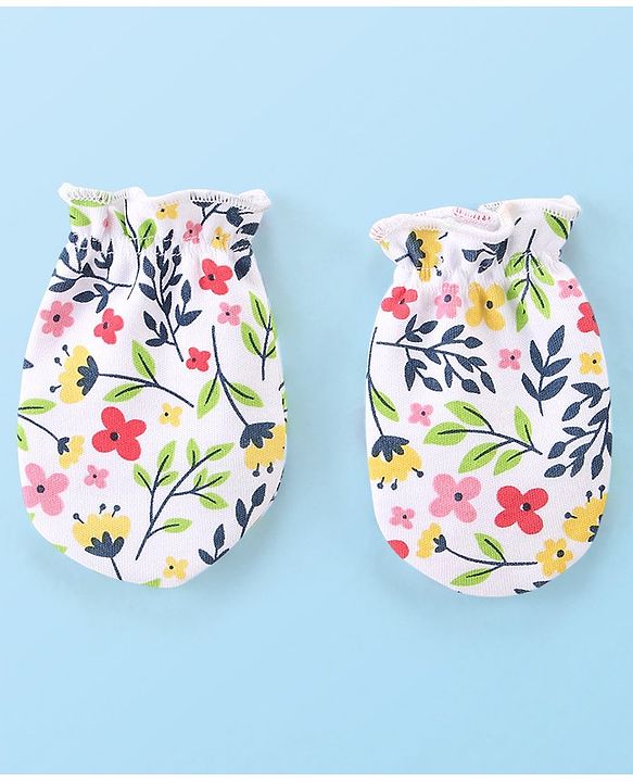 Babyhug 100% Cotton Mittens & Booties with Floral Print - White