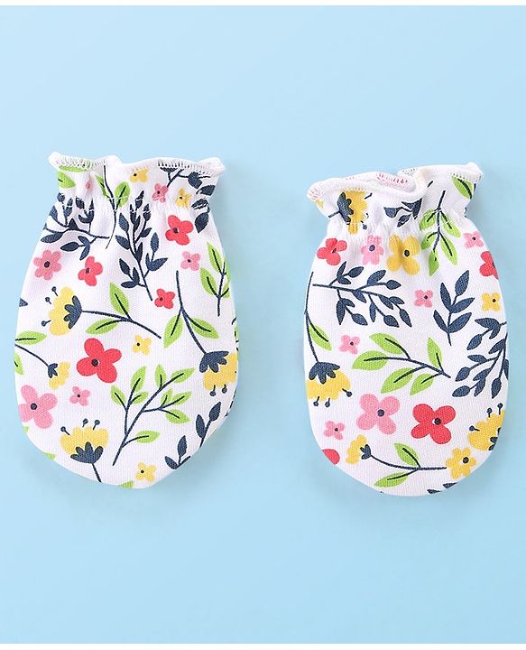 Babyhug 100% Cotton Mittens & Booties with Floral Print - White