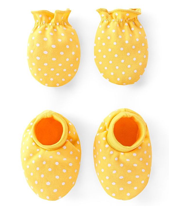 Babyhug 100% Cotton Knit Mittens & Booties Set Dot Print - Yellow