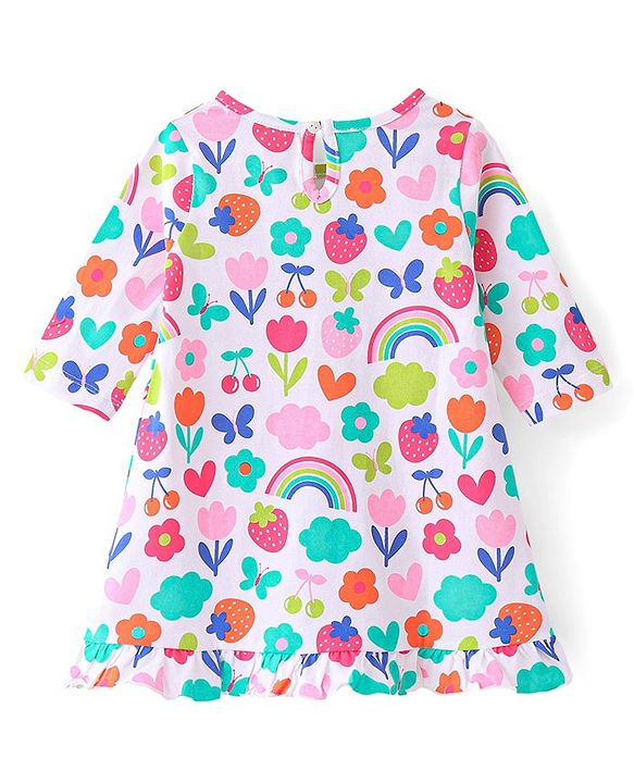 Babyhug Single Jersey Knit Three Fourth Sleeves Nighty Floral & Strawberry Print - White