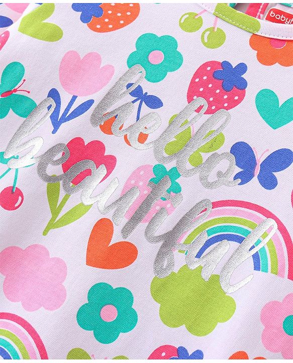 Babyhug Single Jersey Knit Three Fourth Sleeves Nighty Floral & Strawberry Print - White