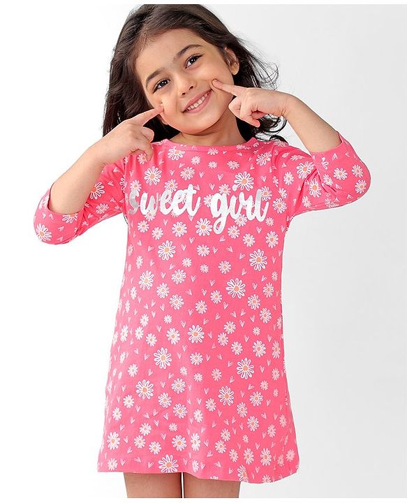 Babyhug Cotton Knit Single Jersey Three Fourth Sleeves Nighty With Text & Floral Print - Pink