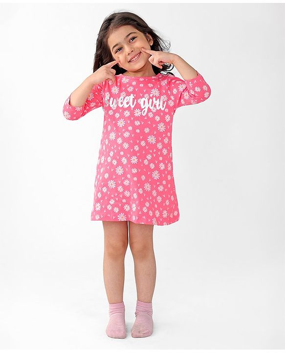 Babyhug Cotton Knit Single Jersey Three Fourth Sleeves Nighty With Text & Floral Print - Pink