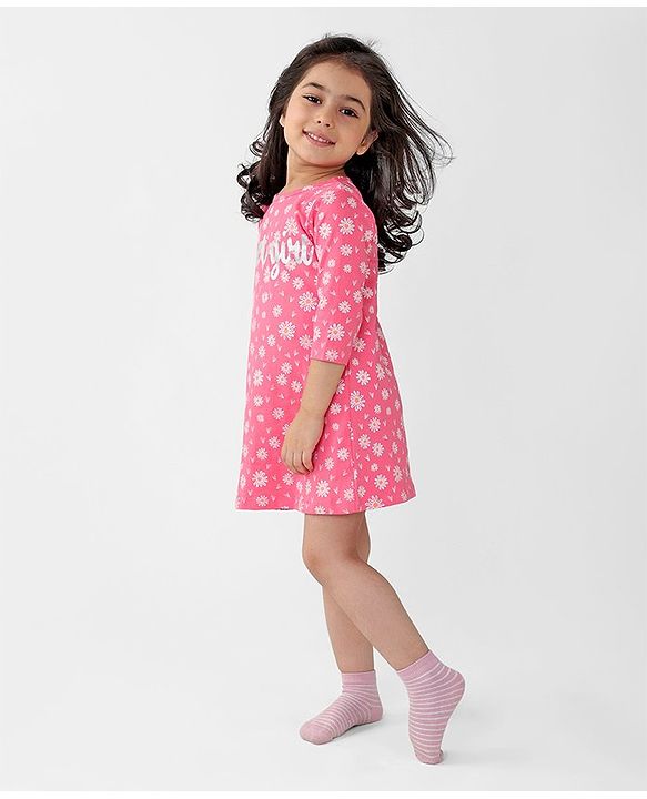 Babyhug Cotton Knit Single Jersey Three Fourth Sleeves Nighty With Text & Floral Print - Pink