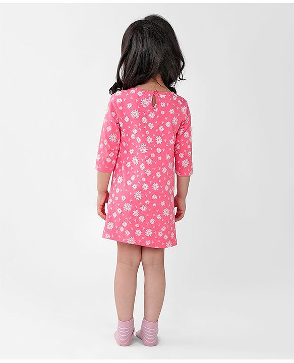 Babyhug Cotton Knit Single Jersey Three Fourth Sleeves Nighty With Text & Floral Print - Pink