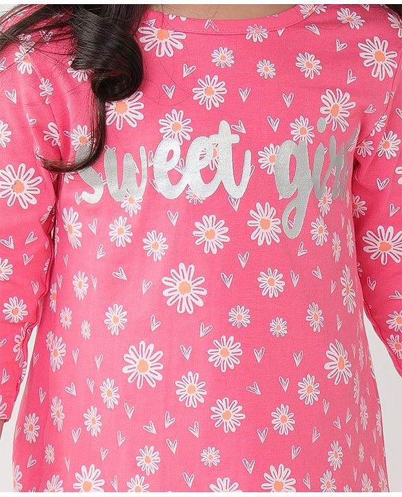 Babyhug Cotton Knit Single Jersey Three Fourth Sleeves Nighty With Text & Floral Print - Pink