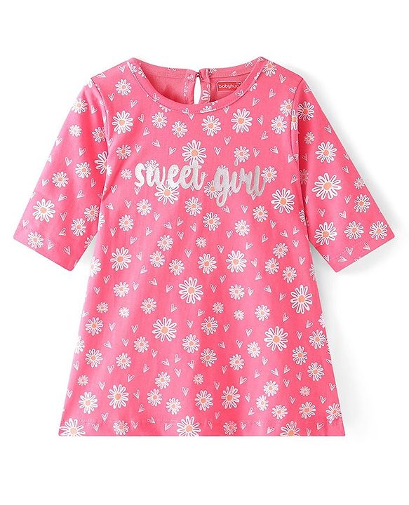 Babyhug Cotton Knit Single Jersey Three Fourth Sleeves Nighty With Text & Floral Print - Pink