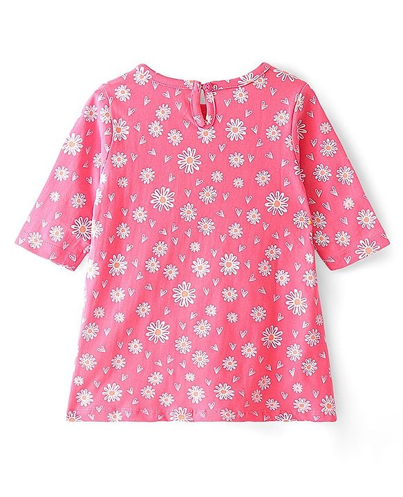 Babyhug Cotton Knit Single Jersey Three Fourth Sleeves Nighty With Text & Floral Print - Pink