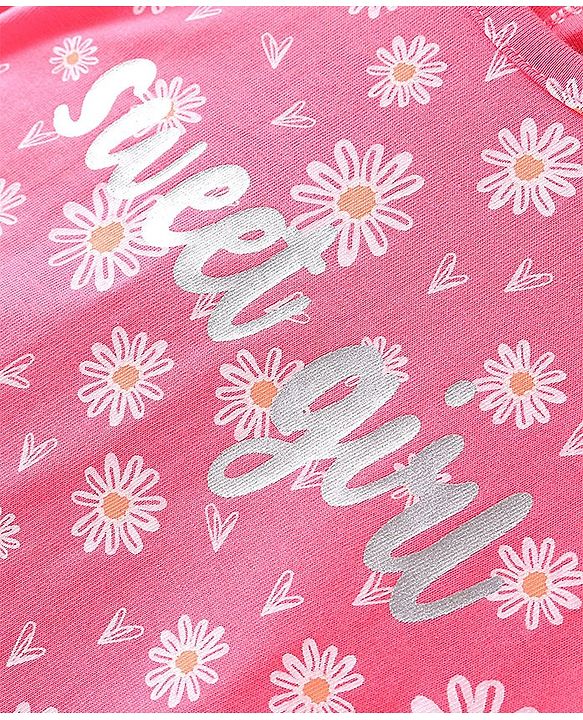 Babyhug Cotton Knit Single Jersey Three Fourth Sleeves Nighty With Text & Floral Print - Pink