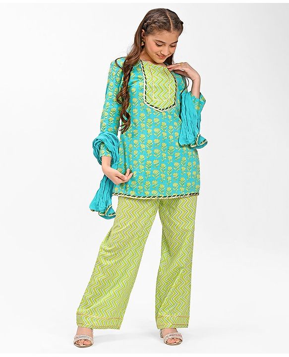 Pine Kids Cotton Three Fourth Sleeves Floral Printed Kurti with gota Patti Lace & Palazzo Set With Dupatta - Blue & Green