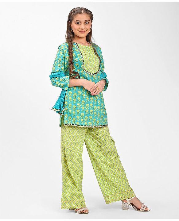 Pine Kids Cotton Three Fourth Sleeves Floral Printed Kurti with gota Patti Lace & Palazzo Set With Dupatta - Blue & Green