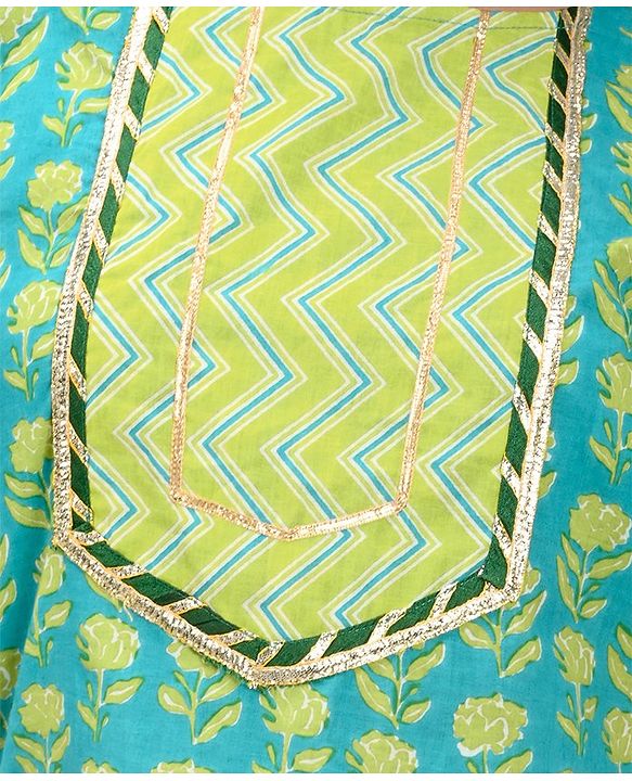 Pine Kids Cotton Three Fourth Sleeves Floral Printed Kurti with gota Patti Lace & Palazzo Set With Dupatta - Blue & Green