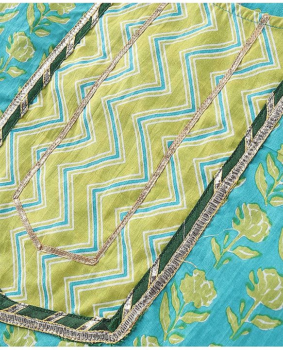 Pine Kids Cotton Three Fourth Sleeves Floral Printed Kurti with gota Patti Lace & Palazzo Set With Dupatta - Blue & Green