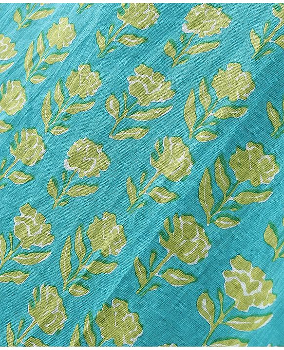 Pine Kids Cotton Three Fourth Sleeves Floral Printed Kurti with gota Patti Lace & Palazzo Set With Dupatta - Blue & Green