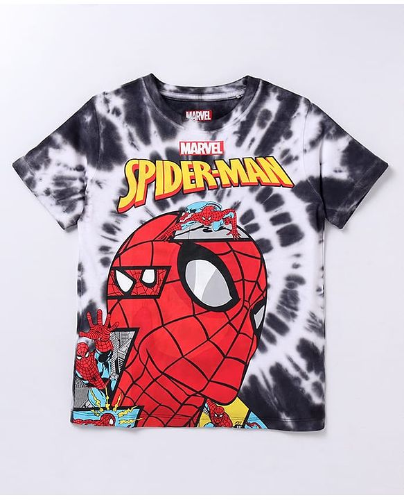 Pine Kids Marvel Cotton Half Sleeve Spiderman Graphics T-Shirt With Tie & Dye - White