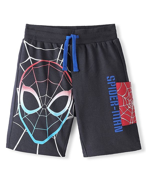 Pine Kids Marvel Cotton Terry Knit Knee Length Shorts with Spiderman Graphics - Black