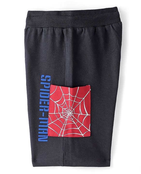 Pine Kids Marvel Cotton Terry Knit Knee Length Shorts with Spiderman Graphics - Black