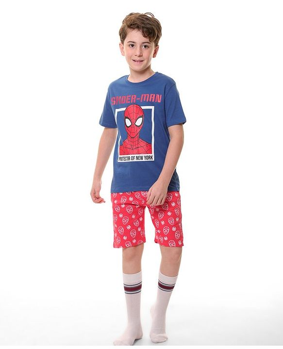 Pine Kids Marvel Single Jersey Knit Half Sleeves T-Shirt And Shorts Set With Spiderman Graphics - Navy Blue & Red