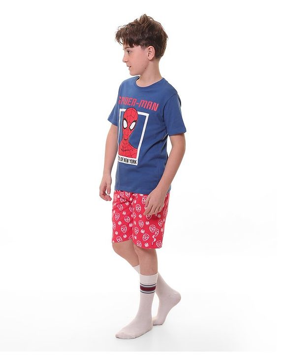 Pine Kids Marvel Single Jersey Knit Half Sleeves T-Shirt And Shorts Set With Spiderman Graphics - Navy Blue & Red