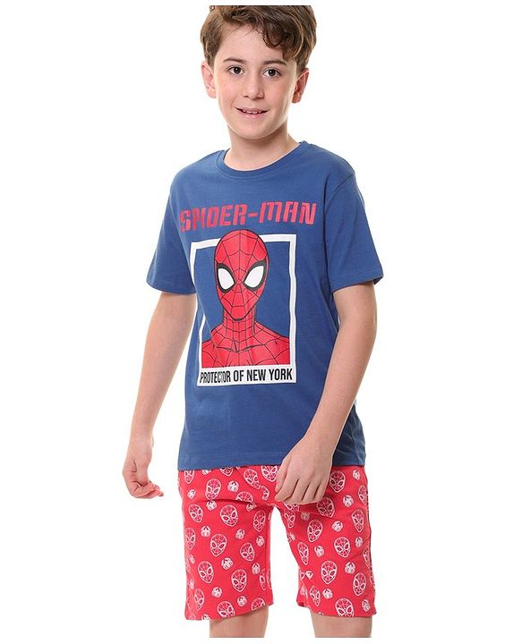 Pine Kids Marvel Single Jersey Knit Half Sleeves T-Shirt And Shorts Set With Spiderman Graphics - Navy Blue & Red