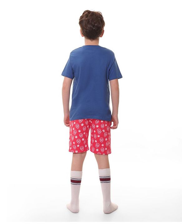 Pine Kids Marvel Single Jersey Knit Half Sleeves T-Shirt And Shorts Set With Spiderman Graphics - Navy Blue & Red