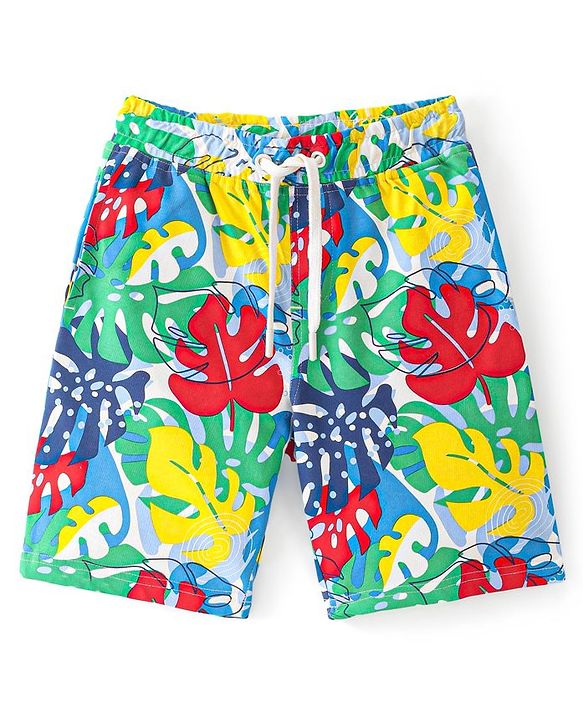 Pine Kids Terry Knit Above Knee Length  Shorts  Leaf Print - Multicolour