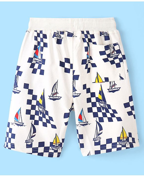 Pine Kids 100% Cotton Knit Above Knee Length Shorts with Boat Print - White