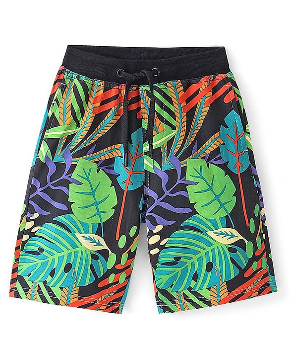 Pine Kids 100% Cotton Knit Above Knee Length Shorts Leaf Print - Multicolor